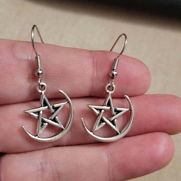 Witchy Crescent Moon & Star Pentagram Silver Tone Earrings - Picture 2 of 2